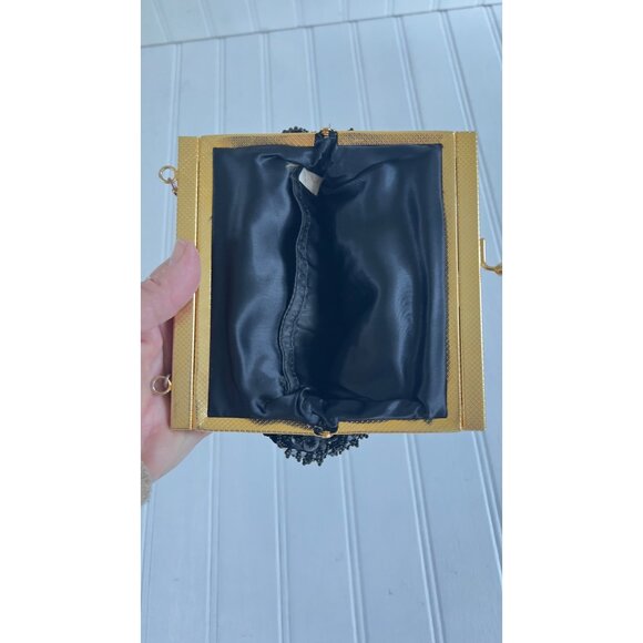 Vintage Beaded Black Evening Bag With Gold Frame & Chain Handle - Picture 8 of 14